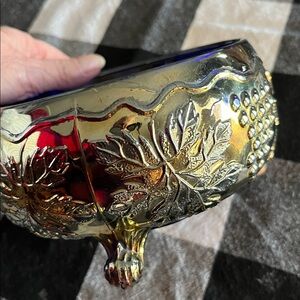 Imperial Glass Cobalt Blue Carnival Glass Grape & Cable Centerpiece Bowl Footed